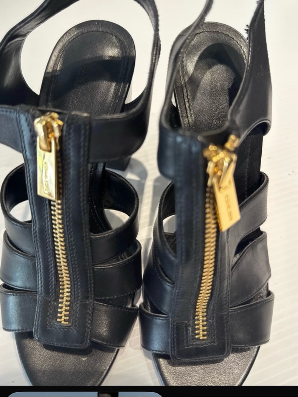 Michael Kors Black Leather Strappy Heels with Gold Zipper Accents